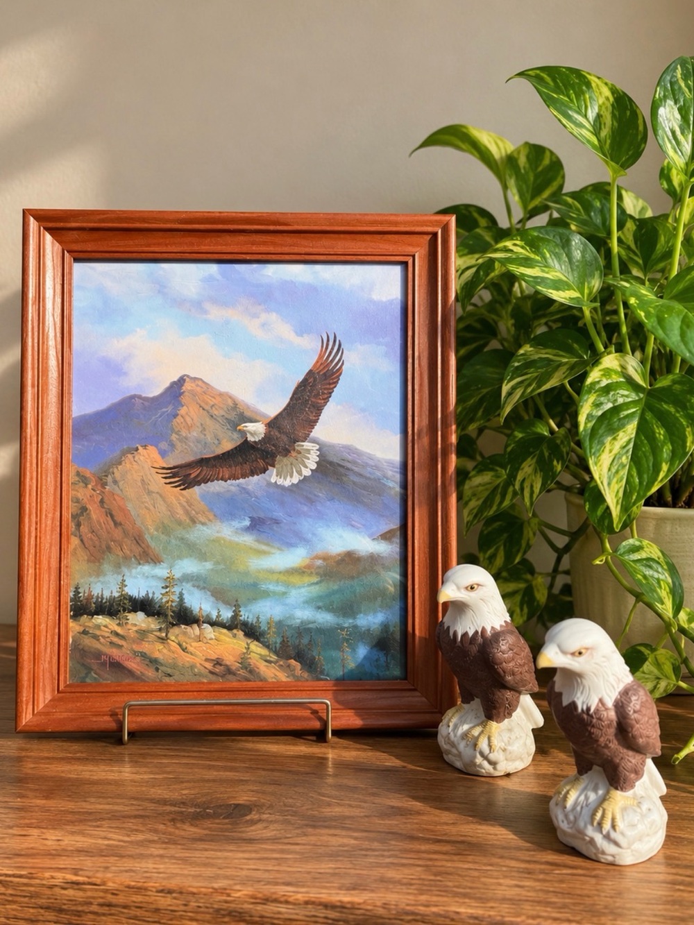 Vintage Bald Eagle Lithograph in Wood Frame | 2 Ceramic Bald Eagles
